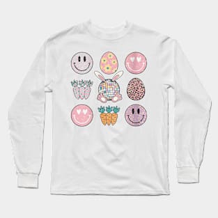 Retro Groovy Bunny Smile Disco Eggs Carrot Happy Easter Day Long Sleeve T-Shirt